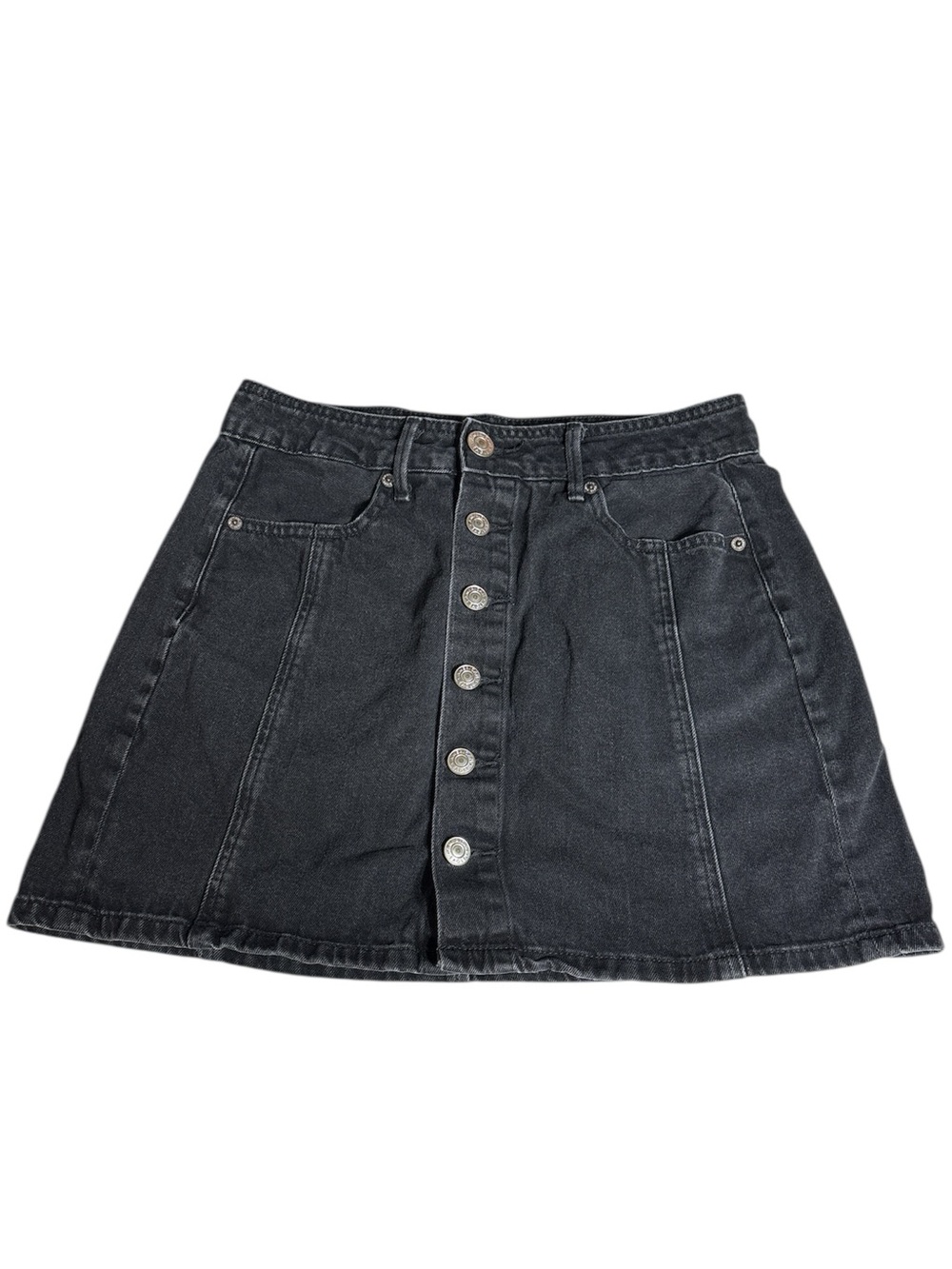 American Eagle High Waisted Button Fly Seam Detail A Line Denim Mini Skirt - Picture 2 of 7